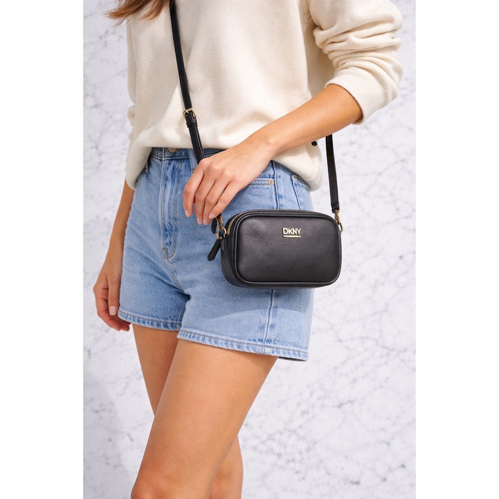 DKNY Leather Camera Bag Crossbody Womens Small Grey Excellent Double Zip Logo